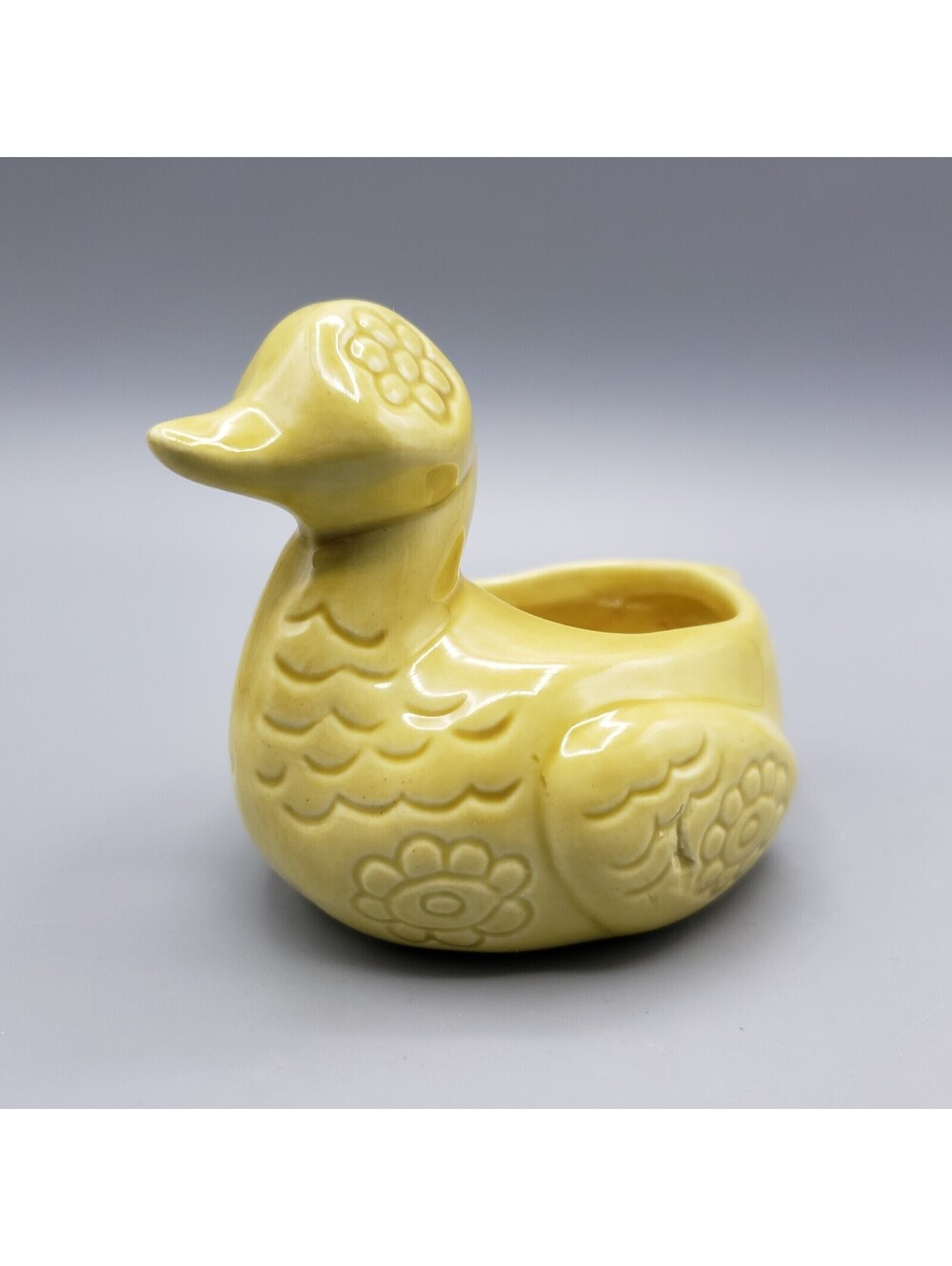 Yellow Duck Planter Embossed Flowers Small Ceramic Easter Duckling Farm Chick